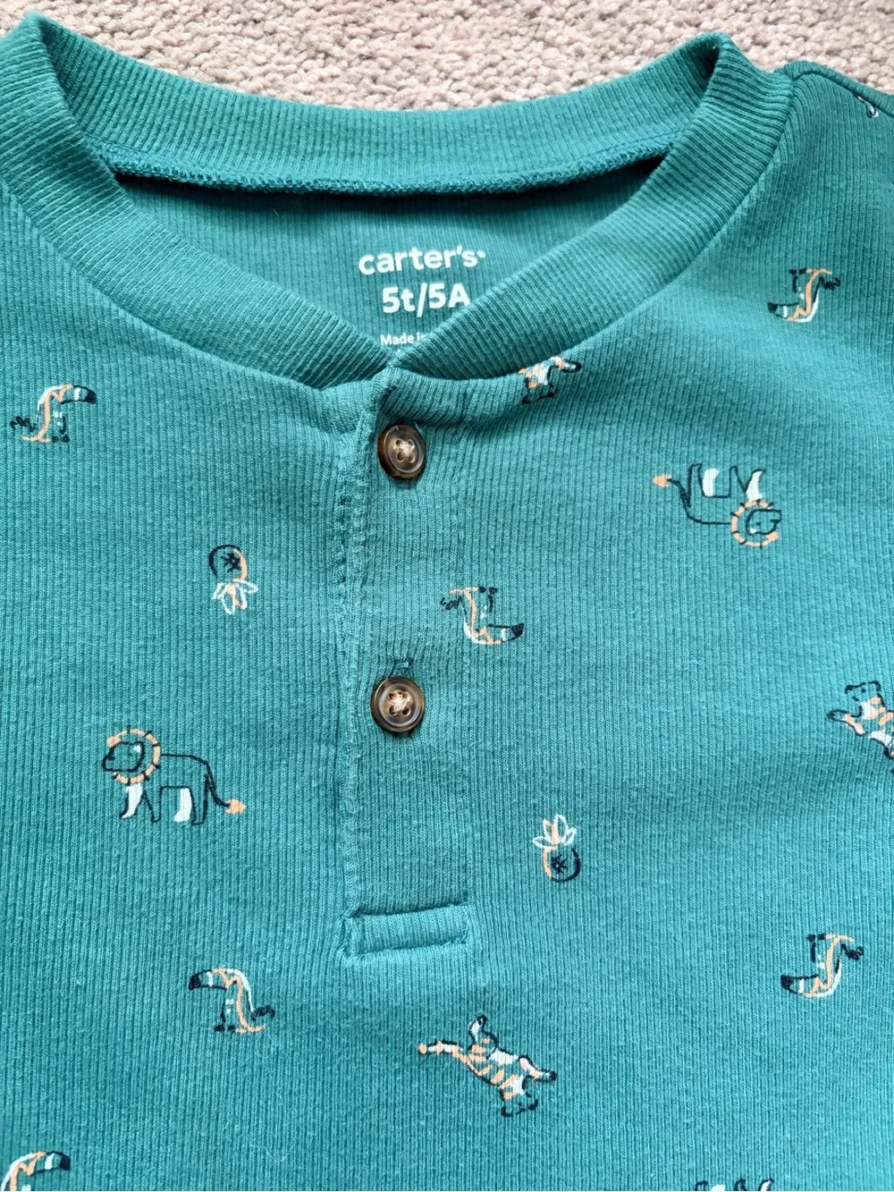 Carter's Teal Short-Sleeve Henley Polo with Tiny Print & Cream Pants Set